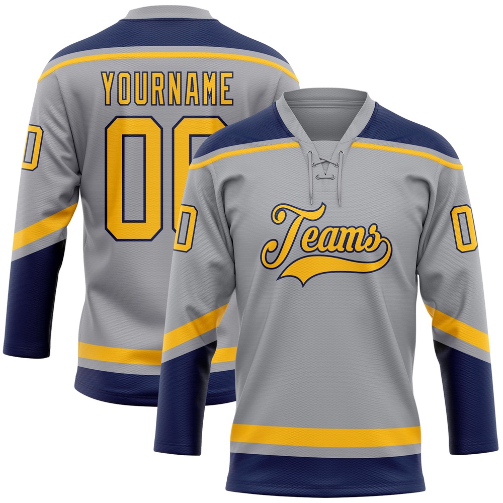 Custom Gray Gold Navy Hockey Lace Neck Jersey, New Hockey Jersey, Personali Sport Team Jersey Shirt