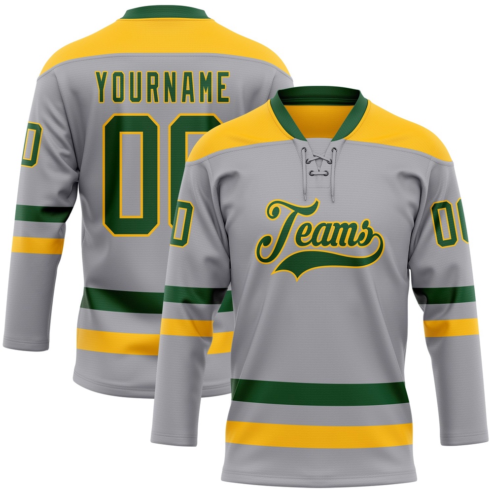 Custom Gray Green Gold Hockey Lace Neck Jersey, New Hockey Jersey, Personali Sport Team Jersey Shirt