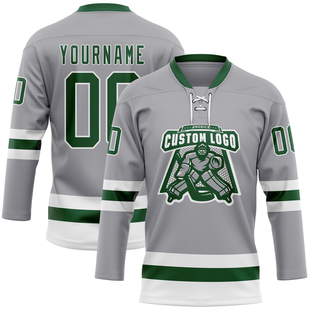 Custom Gray Green White Hockey Lace Neck Jersey, New Hockey Jersey, Personali Sport Team Jersey Shirt