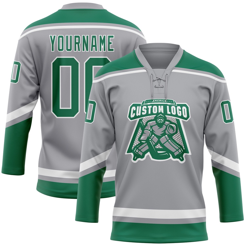 Custom Gray Kelly Green White Hockey Lace Neck Jersey, New Hockey Jersey, Personali Sport Team Jersey Shirt