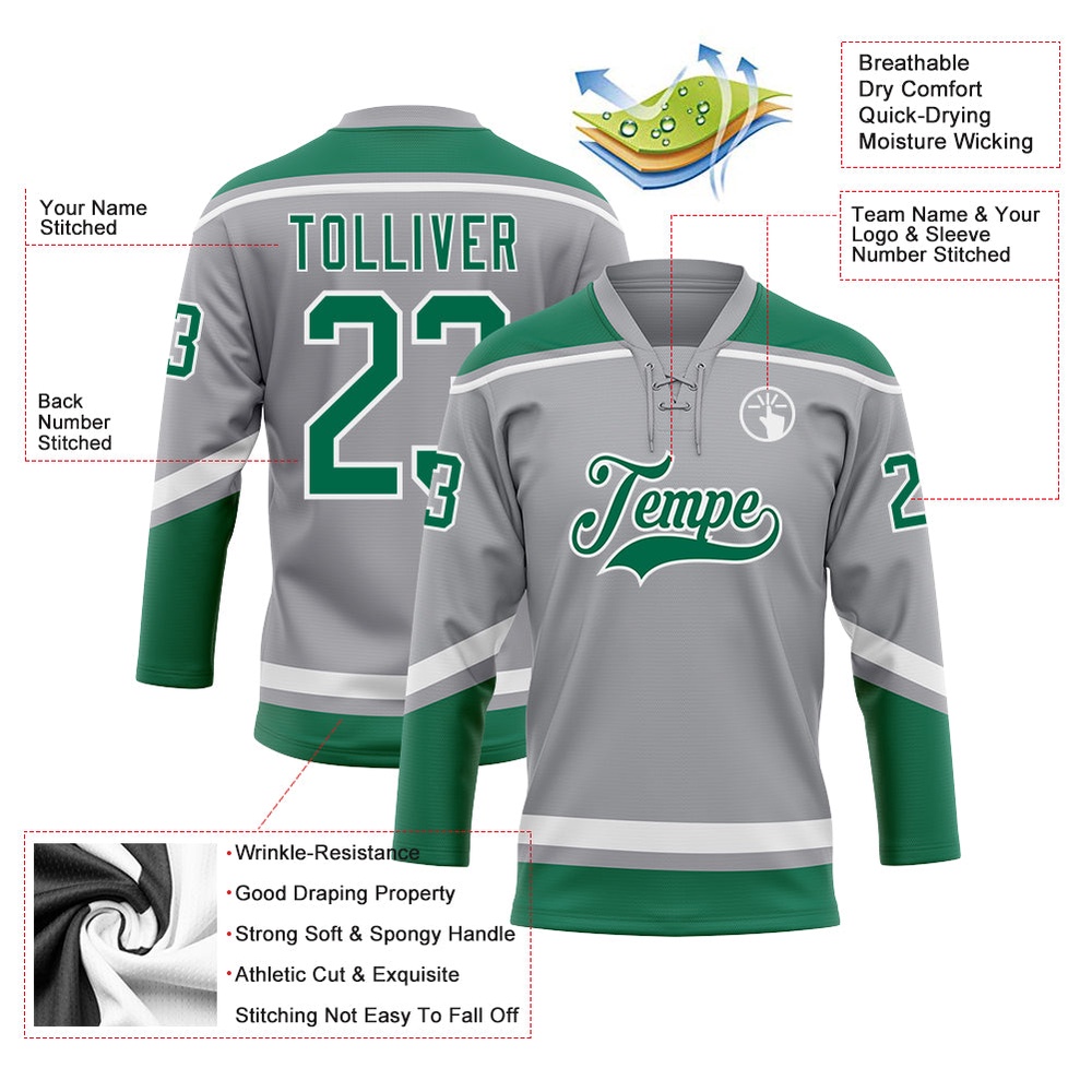 Custom Gray Kelly Green White Hockey Lace Neck Jersey, New Hockey Jersey, Personali Sport Team Jersey Shirt