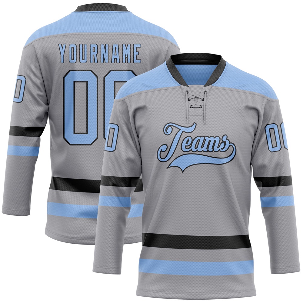 Custom Gray Light Blue Black Hockey Lace Neck Jersey, New Hockey Jersey, Personali Sport Team Jersey Shirt Custom Gray Light Blue Black Hockey Lace Neck Jersey, New Hockey Jersey, Personali Sport Team Jersey Shirt