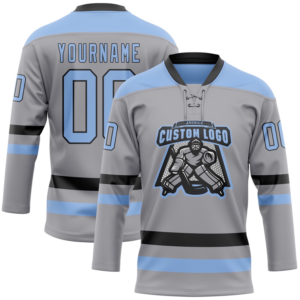 Custom Gray Light Blue Black Hockey Lace Neck Jersey, New Hockey Jersey, Personali Sport Team Jersey Shirt Custom Gray Light Blue Black Hockey Lace Neck Jersey, New Hockey Jersey, Personali Sport Team Jersey Shirt
