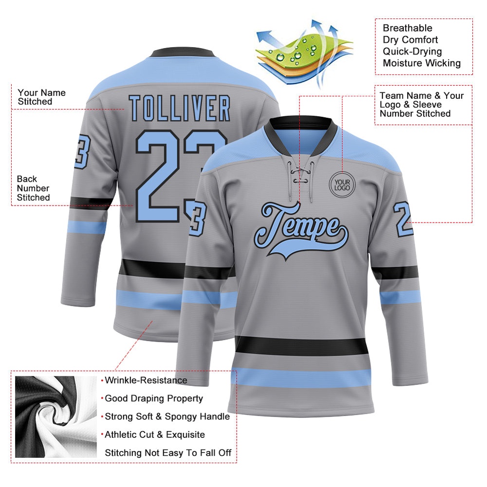 Custom Gray Light Blue Black Hockey Lace Neck Jersey, New Hockey Jersey, Personali Sport Team Jersey Shirt Custom Gray Light Blue Black Hockey Lace Neck Jersey, New Hockey Jersey, Personali Sport Team Jersey Shirt