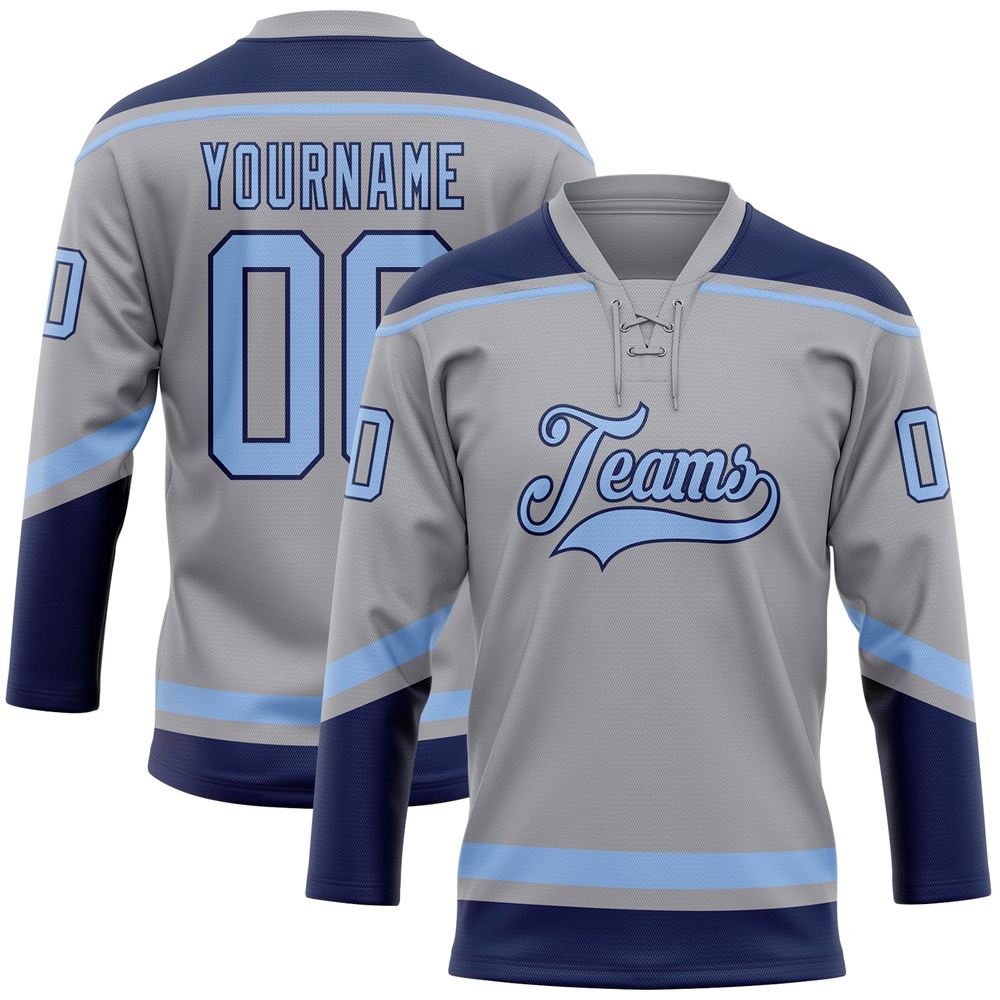 Custom Gray Light Blue Navy Hockey Lace Neck Jersey, New Hockey Jersey, Personali Sport Team Jersey Shirt Custom Gray Light Blue Navy Hockey Lace Neck Jersey, New Hockey Jersey, Personali Sport Team Jersey Shirt