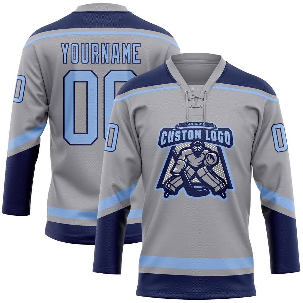 Custom Gray Light Blue Navy Hockey Lace Neck Jersey, New Hockey Jersey, Personali Sport Team Jersey Shirt Custom Gray Light Blue Navy Hockey Lace Neck Jersey, New Hockey Jersey, Personali Sport Team Jersey Shirt