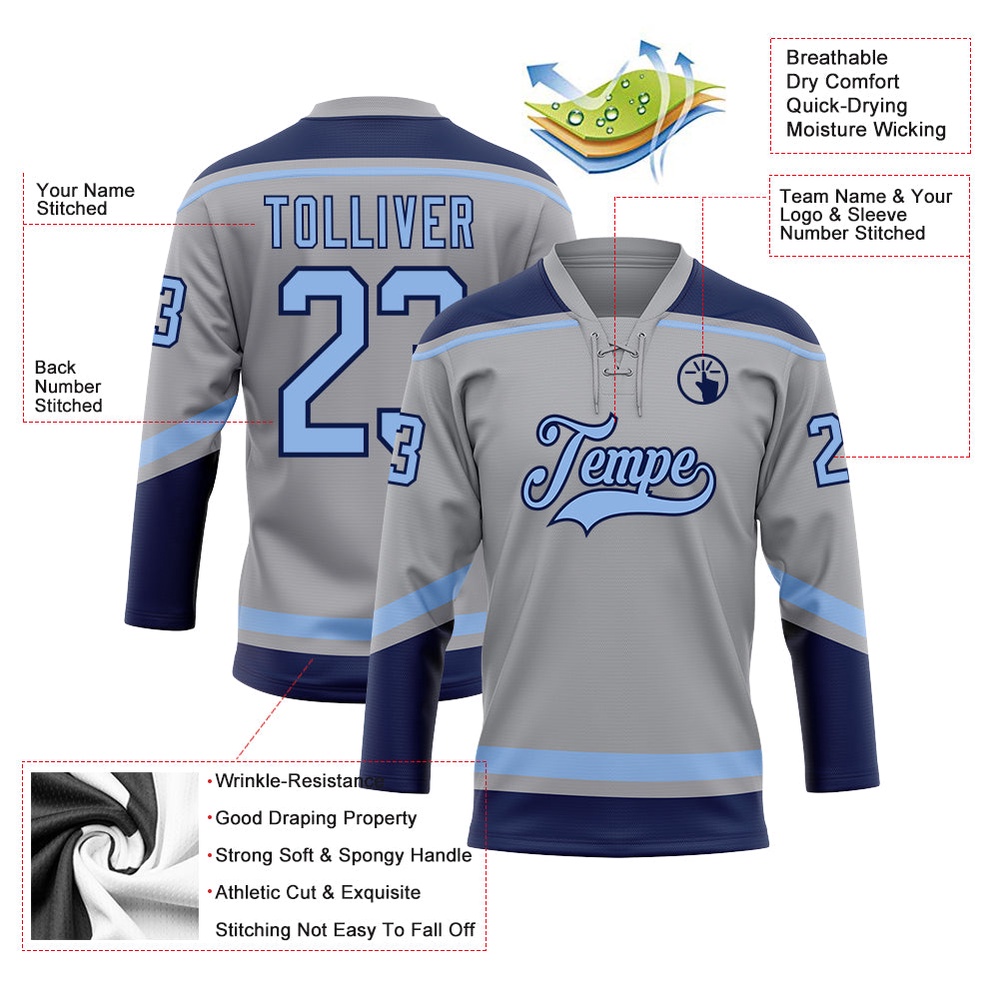 Custom Gray Light Blue Navy Hockey Lace Neck Jersey, New Hockey Jersey, Personali Sport Team Jersey Shirt Custom Gray Light Blue Navy Hockey Lace Neck Jersey, New Hockey Jersey, Personali Sport Team Jersey Shirt