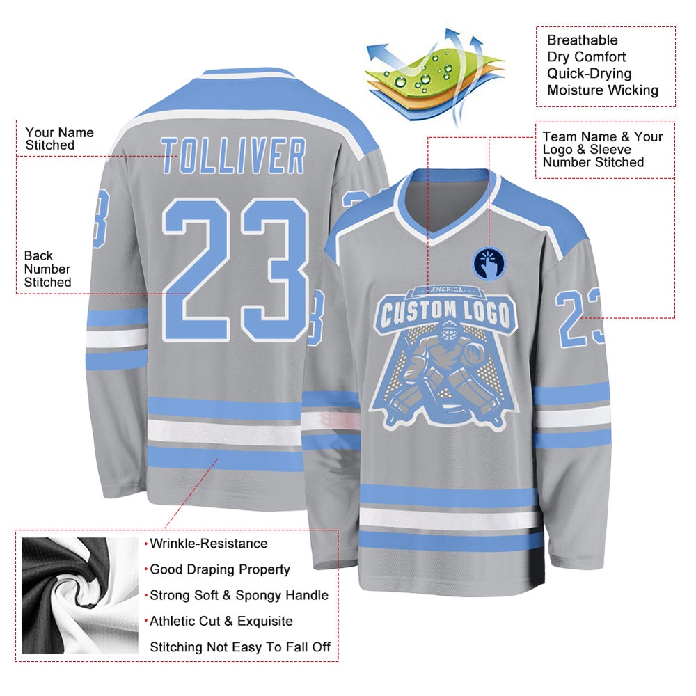 Custom Gray Light Blue White Hockey Jersey, New Hockey Jersey, Personali Sport Team Jersey Shirt