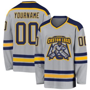 Custom Gray Navy Gold Hockey Jersey, New&hellip;