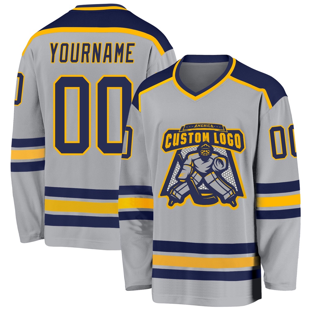 Custom Gray Navy Gold Hockey Jersey, New Hockey Jersey, Personali Sport Team Jersey Shirt Custom Gray Navy Gold Hockey Jersey, New Hockey Jersey, Personali Sport Team Jersey Shirt