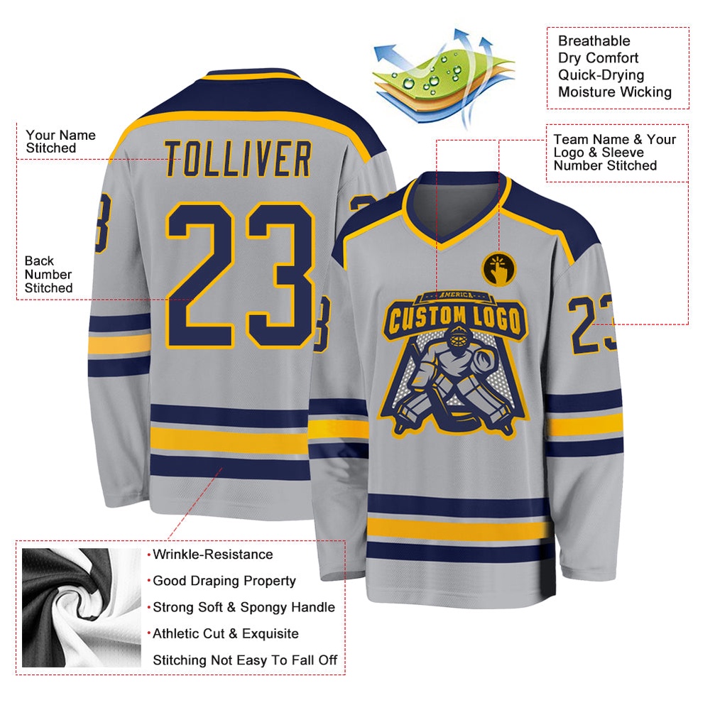 Custom Gray Navy Gold Hockey Jersey, New Hockey Jersey, Personali Sport Team Jersey Shirt Custom Gray Navy Gold Hockey Jersey, New Hockey Jersey, Personali Sport Team Jersey Shirt
