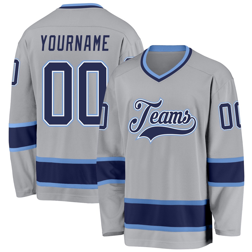 Custom Gray Navy Light Blue Hockey Jersey, New Hockey Jersey, Personali Sport Team Jersey Shirt