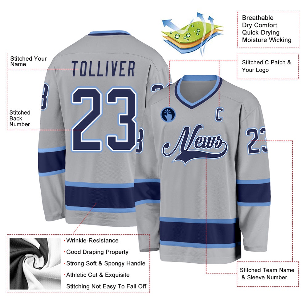 Custom Gray Navy Light Blue Hockey Jersey, New Hockey Jersey, Personali Sport Team Jersey Shirt