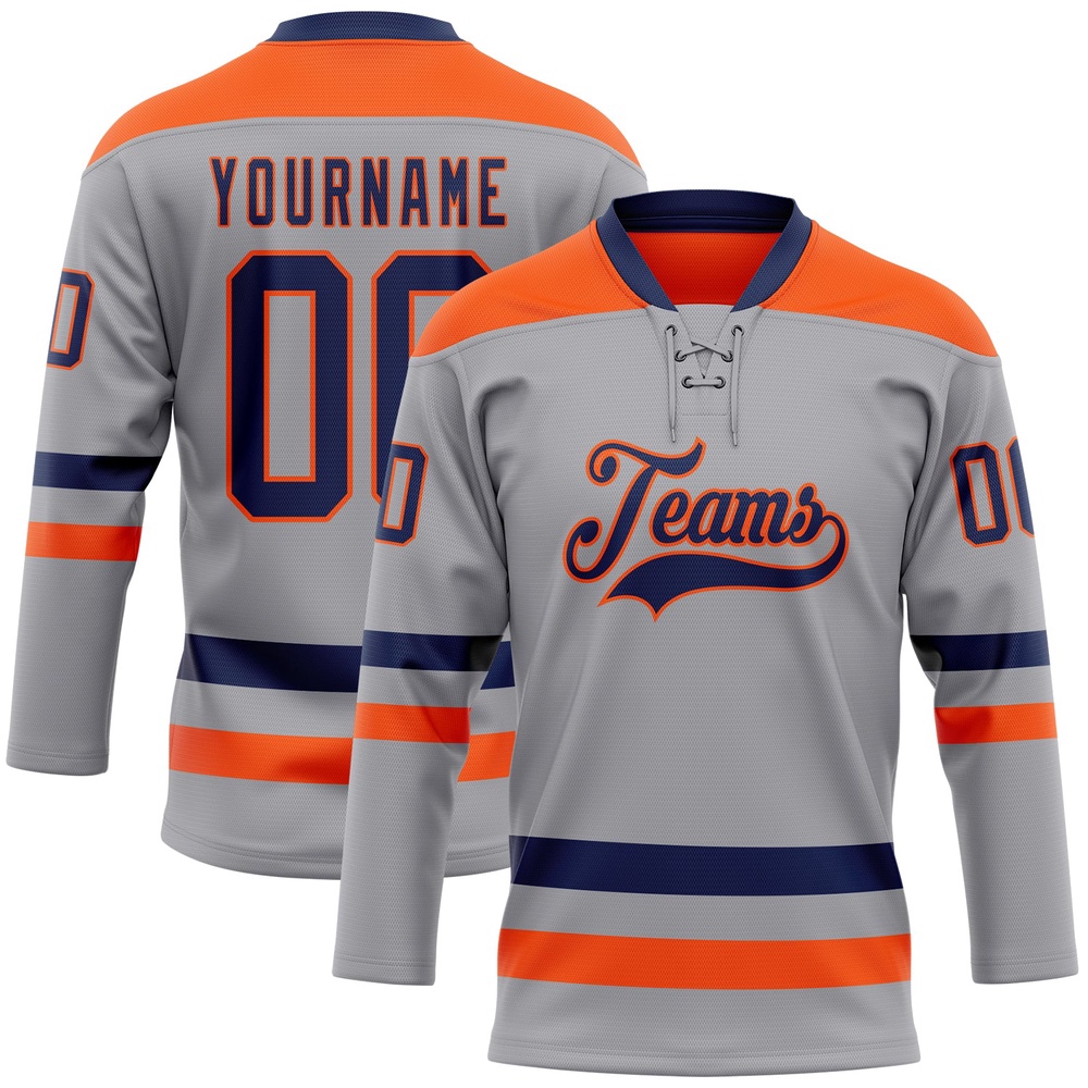 Custom Gray Navy Orange Hockey Lace Neck Jersey, New Hockey Jersey, Personali Sport Team Jersey Shirt
