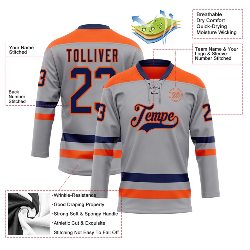 Custom Gray Navy Orange Hockey Lace Neck Jersey, New Hockey Jersey, Personali Sport Team Jersey Shirt