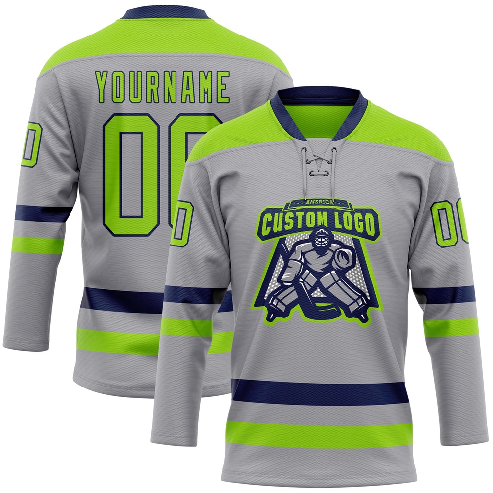 Custom Gray Neon Green Navy Hockey Lace Neck Jersey, New Hockey Jersey, Personali Sport Team Jersey Shirt
