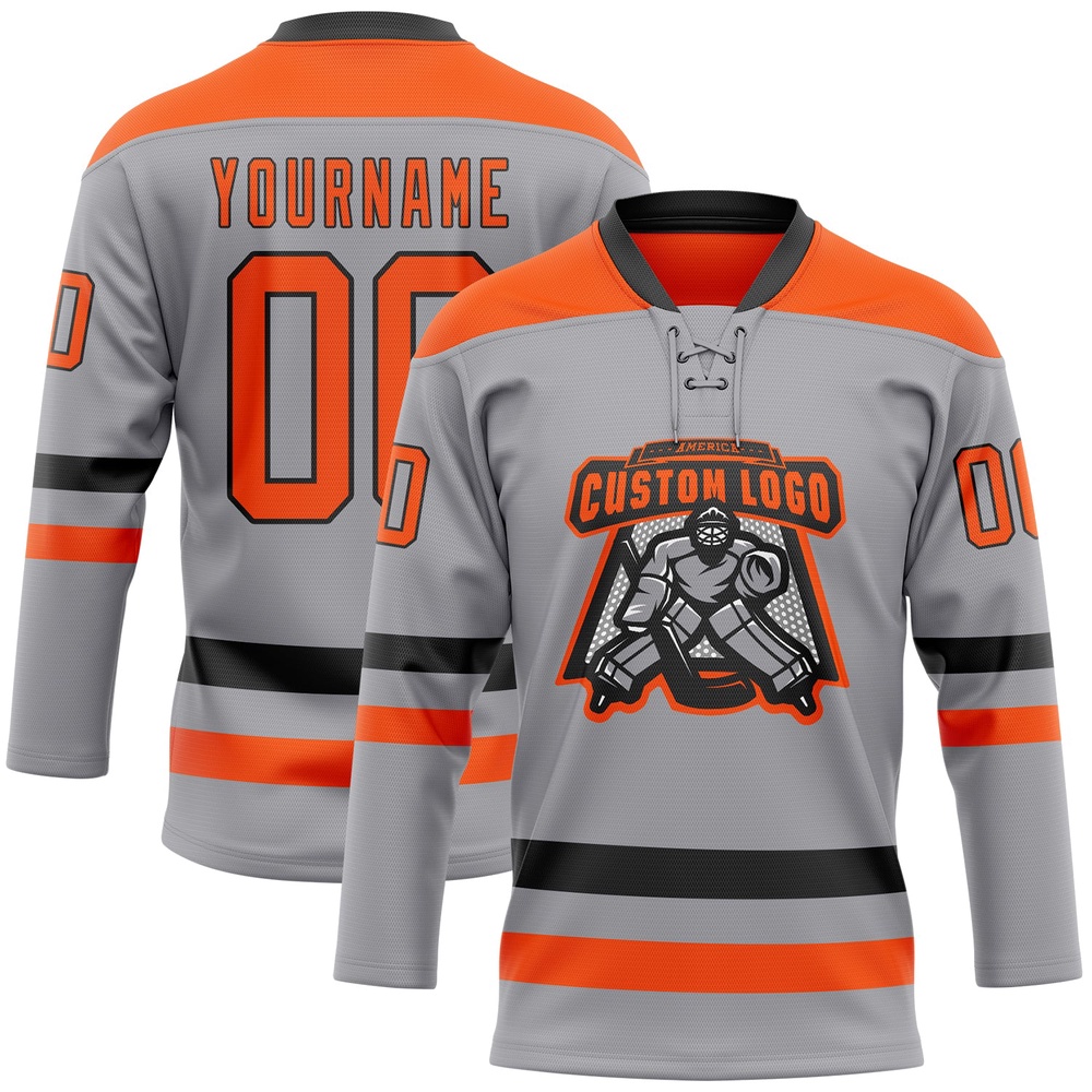 Custom Gray Orange Black Hockey Lace Neck Jersey, New Hockey Jersey, Personali Sport Team Jersey Shirt
