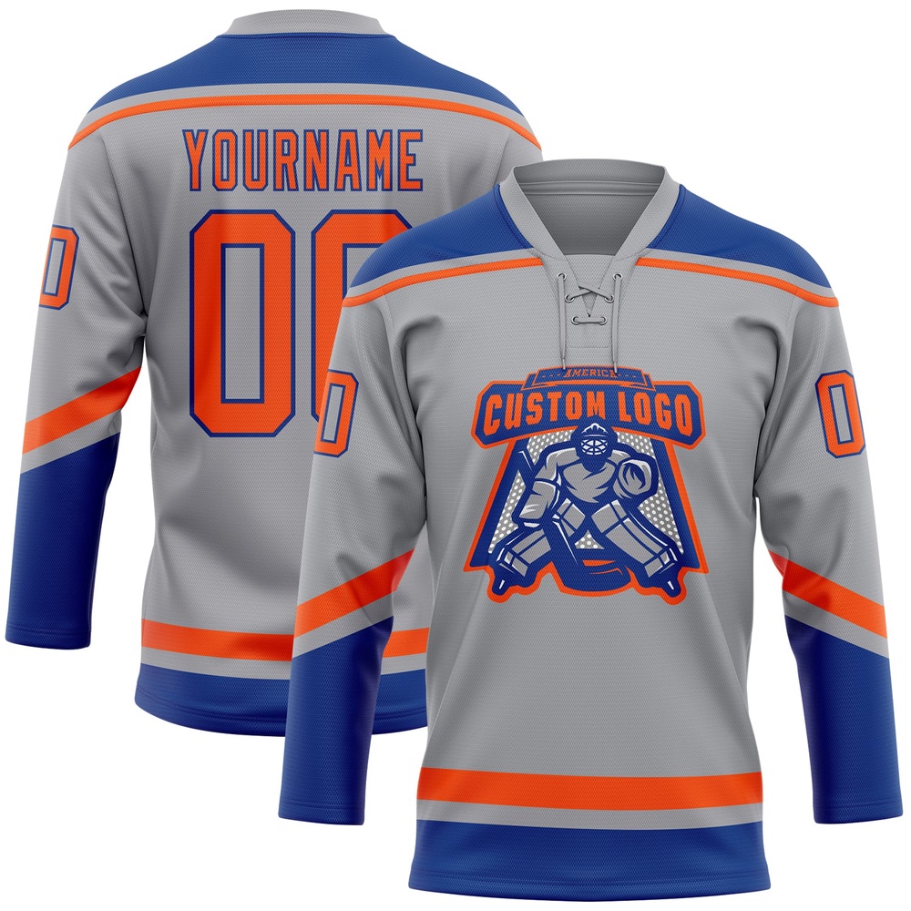 Custom Gray Orange Royal Hockey Lace Neck Jersey, New Hockey Jersey, Personali Sport Team Jersey Shirt