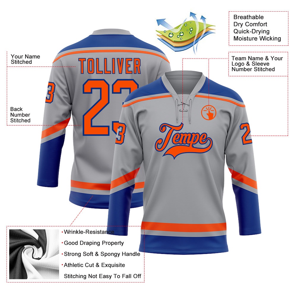 Custom Gray Orange Royal Hockey Lace Neck Jersey, New Hockey Jersey, Personali Sport Team Jersey Shirt