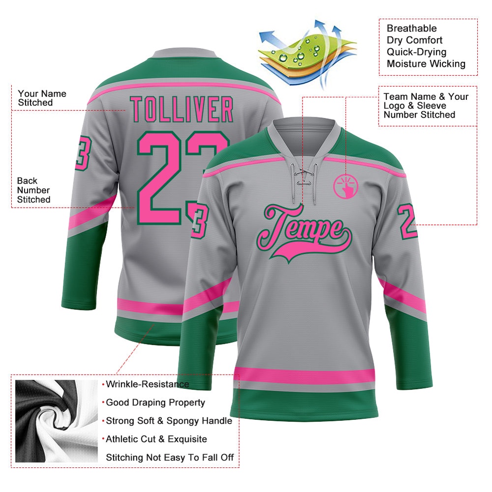 Custom Gray Pink Kelly Green Hockey Lace Neck Jersey, New Hockey Jersey, Personali Sport Team Jersey Shirt