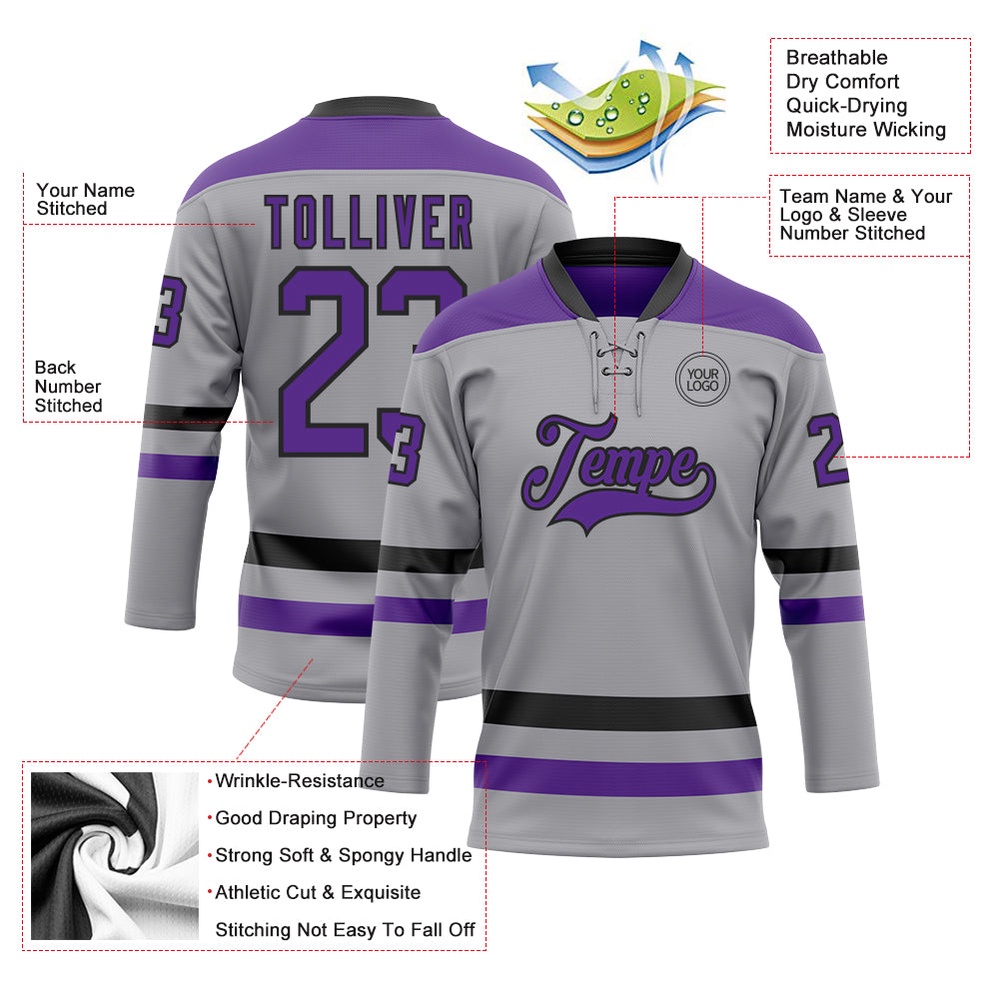 Custom Gray Purple Black Hockey Lace Neck Jersey, New Hockey Jersey, Personali Sport Team Jersey Shirt