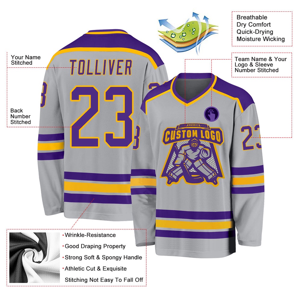 Custom Gray Purple Gold Hockey Jersey, New Hockey Jersey, Personali Sport Team Jersey Shirt