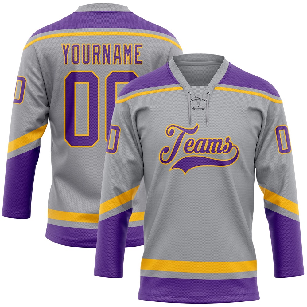 Custom Gray Purple Gold Hockey Lace Neck Jersey, New Hockey Jersey, Personali Sport Team Jersey Shirt Custom Gray Purple Gold Hockey Lace Neck Jersey, New Hockey Jersey, Personali Sport Team Jersey Shirt