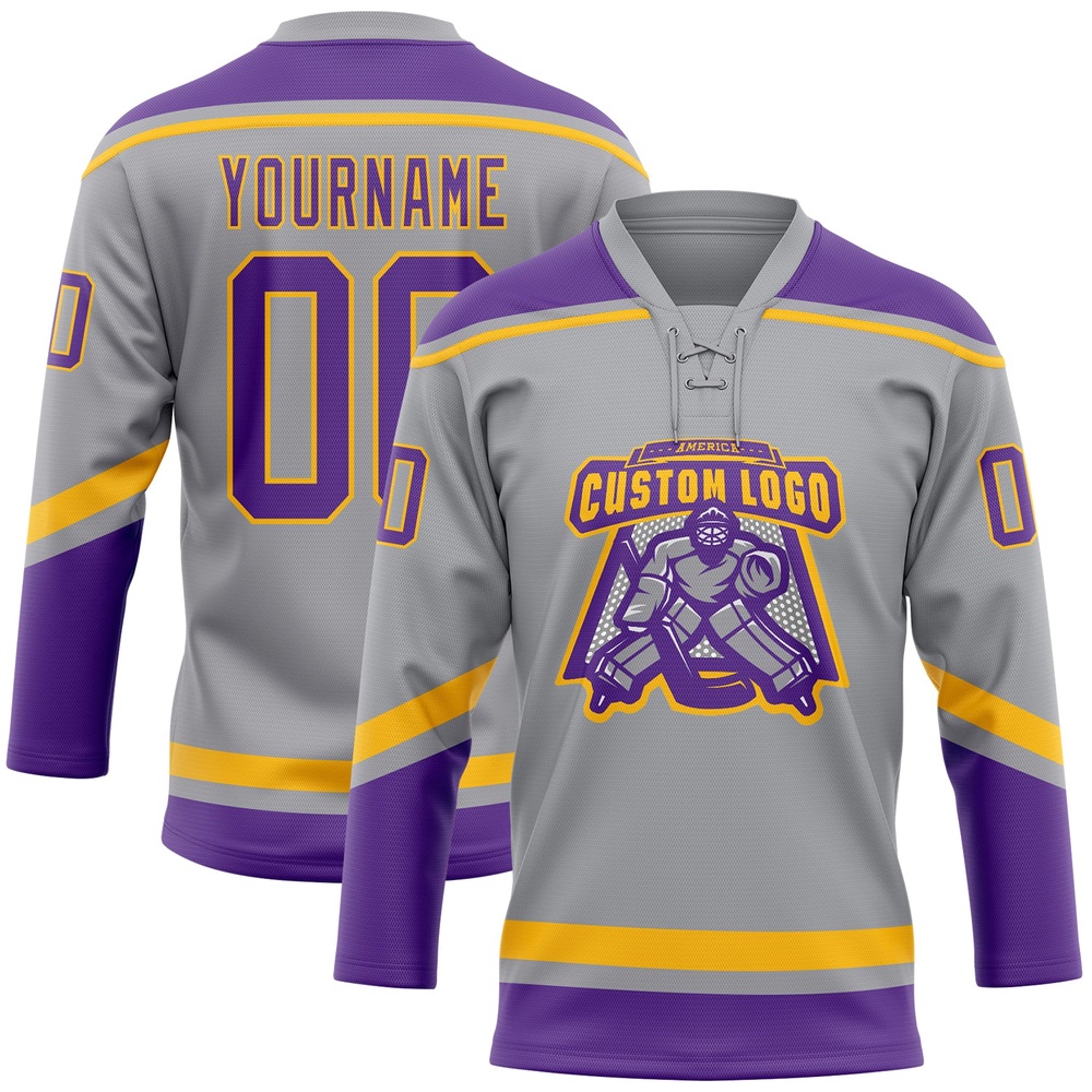 Custom Gray Purple Gold Hockey Lace Neck Jersey, New Hockey Jersey, Personali Sport Team Jersey Shirt Custom Gray Purple Gold Hockey Lace Neck Jersey, New Hockey Jersey, Personali Sport Team Jersey Shirt