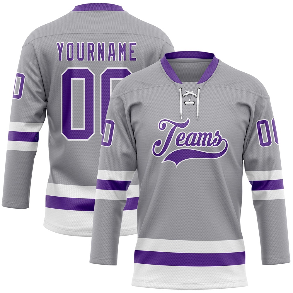 Custom Gray Purple White Hockey Lace Neck Jersey, New Hockey Jersey, Personali Sport Team Jersey Shirt