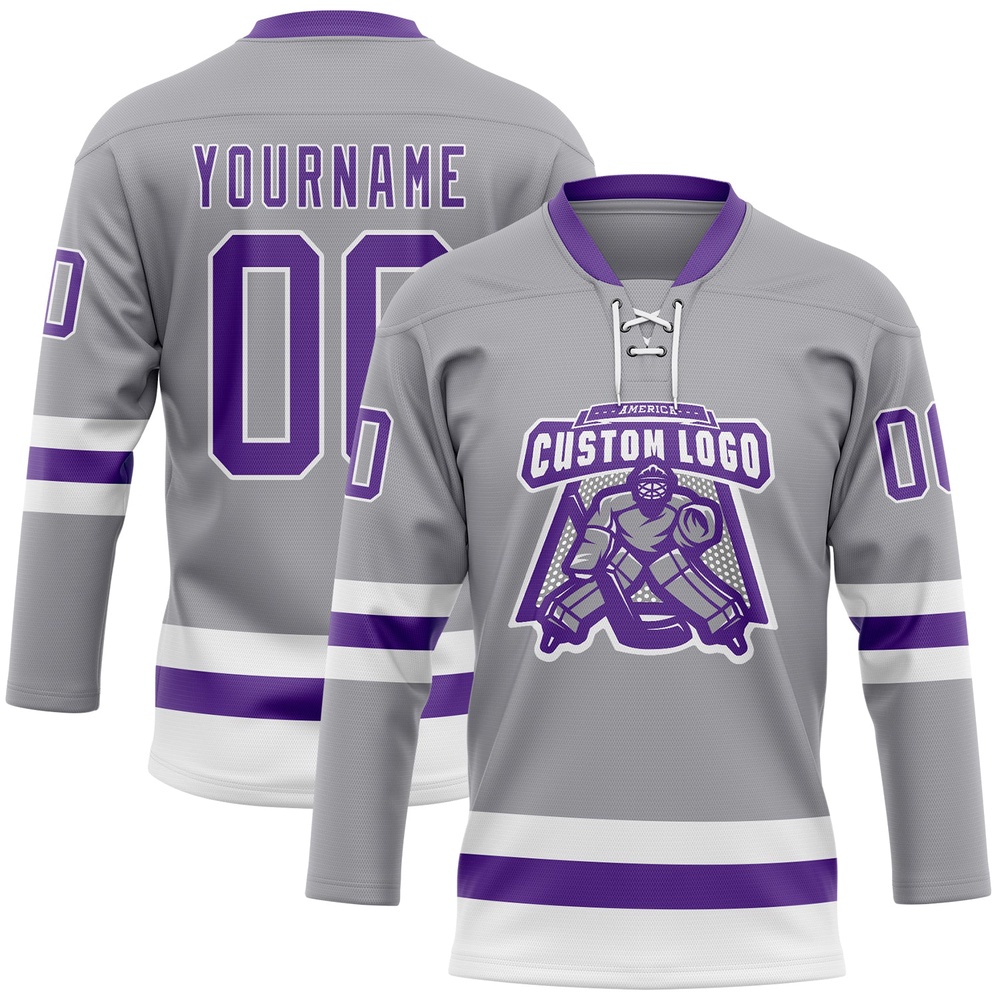 Custom Gray Purple White Hockey Lace Neck Jersey, New Hockey Jersey, Personali Sport Team Jersey Shirt