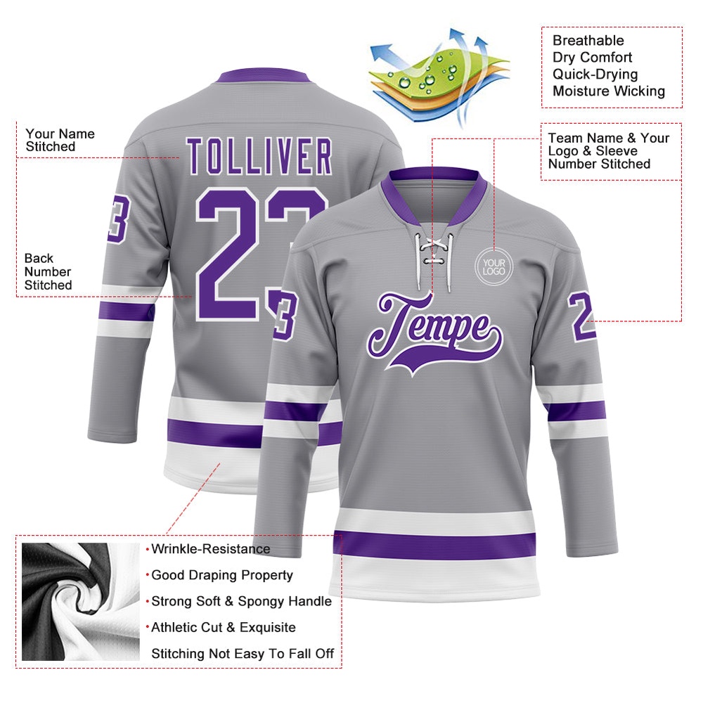 Custom Gray Purple White Hockey Lace Neck Jersey, New Hockey Jersey, Personali Sport Team Jersey Shirt