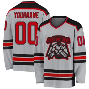 Custom Gray Red Black Hockey Jersey, New&hellip;