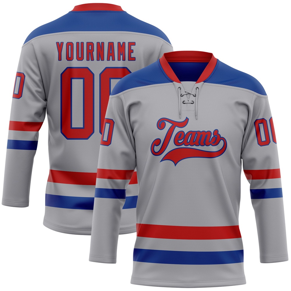 Custom Gray Red Royal Hockey Lace Neck Jersey, New Hockey Jersey, Personali Sport Team Jersey Shirt