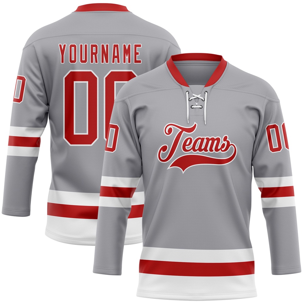 Custom Gray Red White Hockey Lace Neck Jersey, New Hockey Jersey, Personali Sport Team Jersey Shirt Custom Gray Red White Hockey Lace Neck Jersey, New Hockey Jersey, Personali Sport Team Jersey Shirt