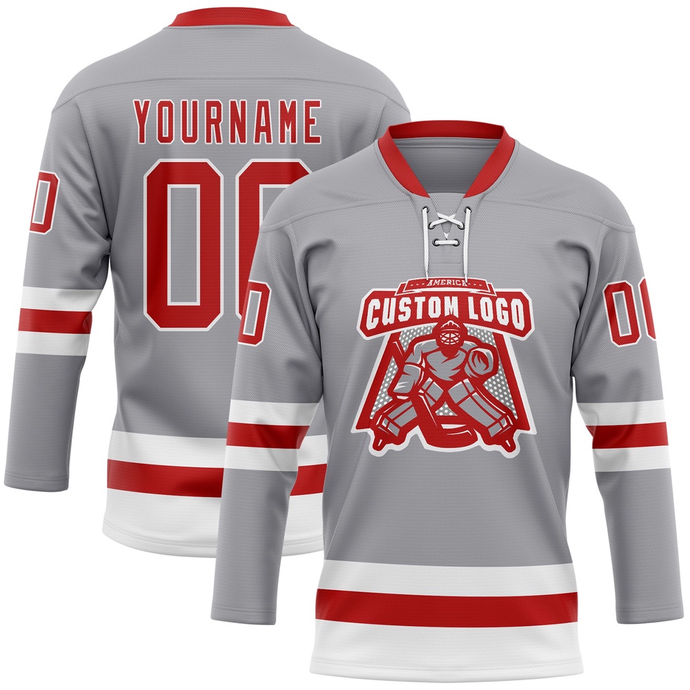 Custom Gray Red White Hockey Lace Neck Jersey, New Hockey Jersey, Personali Sport Team Jersey Shirt Custom Gray Red White Hockey Lace Neck Jersey, New Hockey Jersey, Personali Sport Team Jersey Shirt