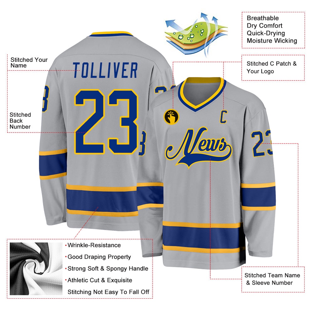 Custom Gray Royal Gold Hockey Jersey, New Hockey Jersey, Personali Sport Team Jersey Shirt Custom Gray Royal Gold Hockey Jersey, New Hockey Jersey, Personali Sport Team Jersey Shirt