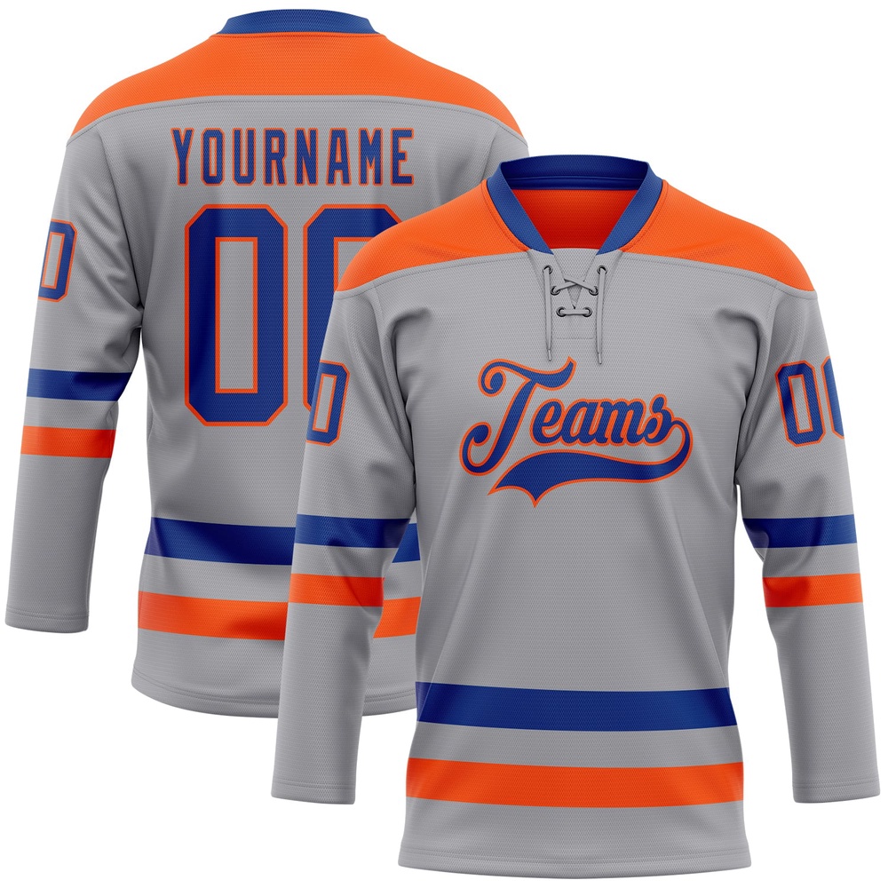 Custom Gray Royal Orange Hockey Lace Neck Jersey, New Hockey Jersey, Personali Sport Team Jersey Shirt