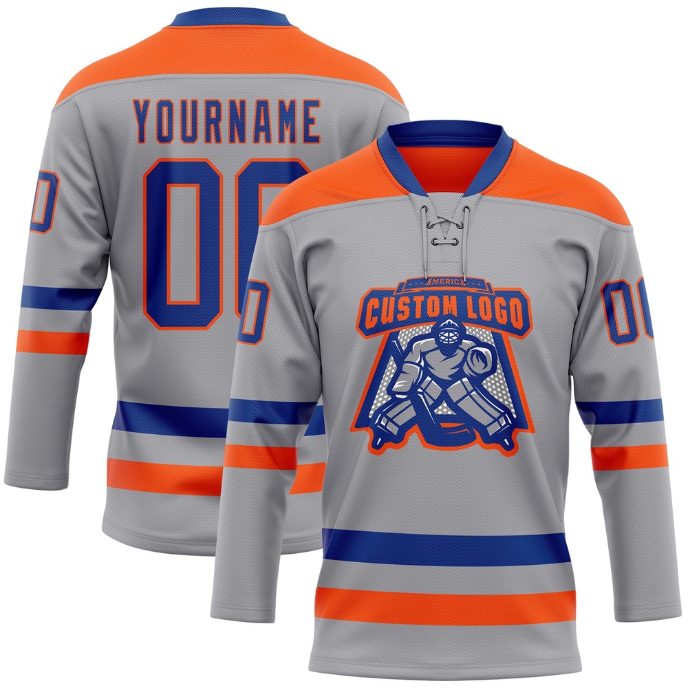 Custom Gray Royal Orange Hockey Lace Neck Jersey, New Hockey Jersey, Personali Sport Team Jersey Shirt