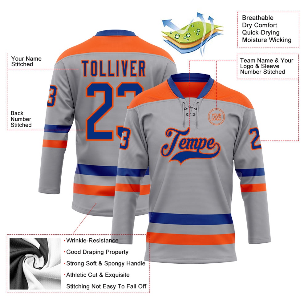 Custom Gray Royal Orange Hockey Lace Neck Jersey, New Hockey Jersey, Personali Sport Team Jersey Shirt