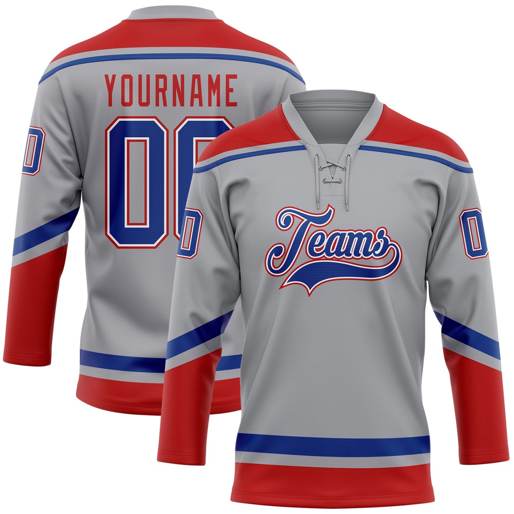 Custom Gray Royal Red Hockey Lace Neck Jersey, New Hockey Jersey, Personali Sport Team Jersey Shirt