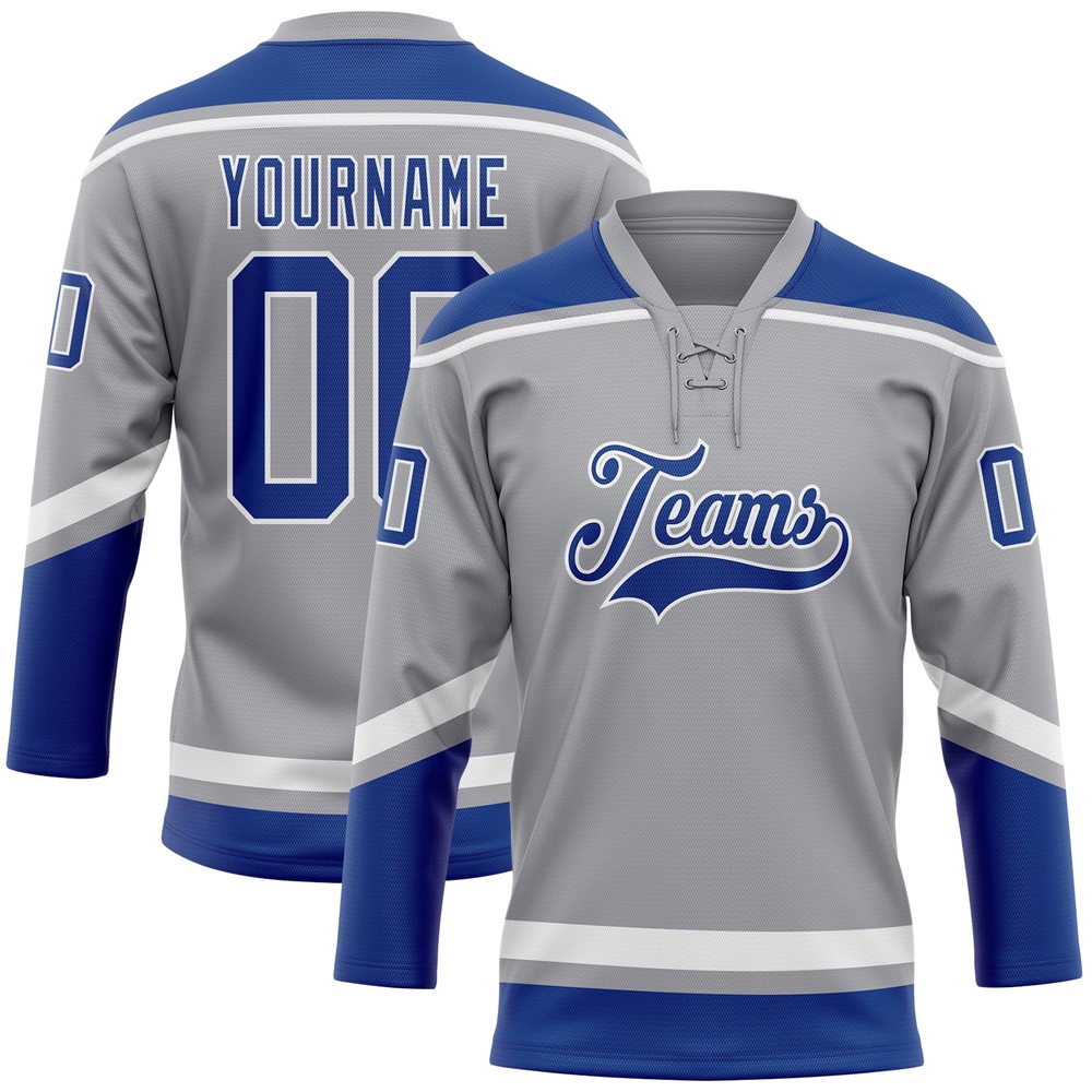 Custom Gray Royal White Hockey Lace Neck Jersey, New Hockey Jersey, Personali Sport Team Jersey Shirt