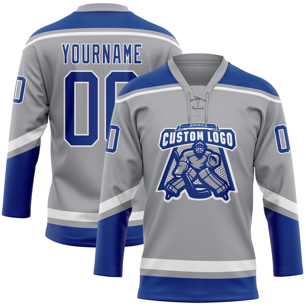 Custom Gray Royal White Hockey Lace Neck Jersey, New Hockey Jersey, Personali Sport Team Jersey Shirt