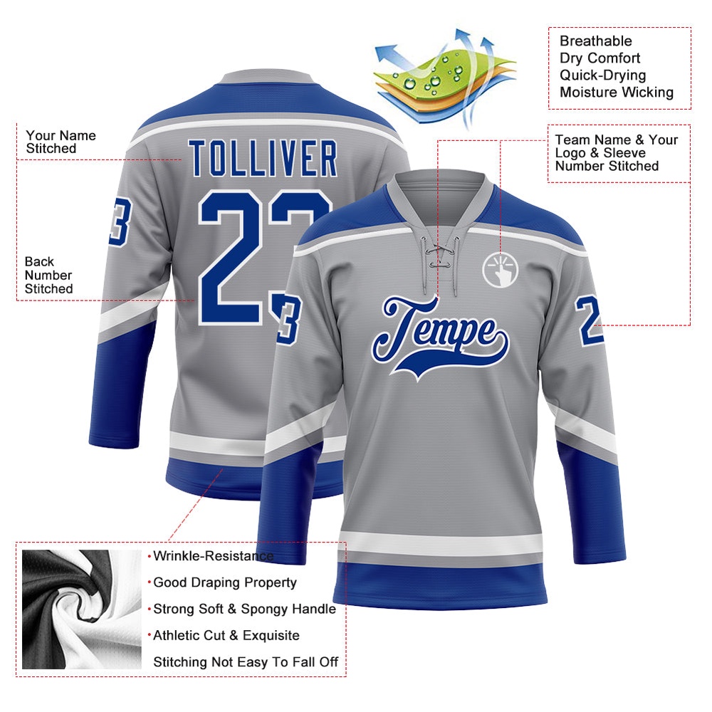 Custom Gray Royal White Hockey Lace Neck Jersey, New Hockey Jersey, Personali Sport Team Jersey Shirt