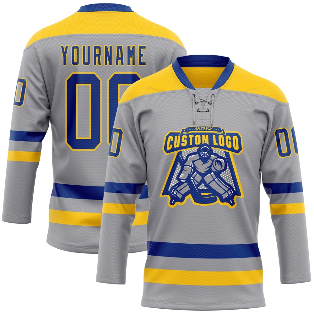 Custom Gray Royal Yellow Hockey Lace Neck Jersey, New Hockey Jersey, Personali Sport Team Jersey Shirt
