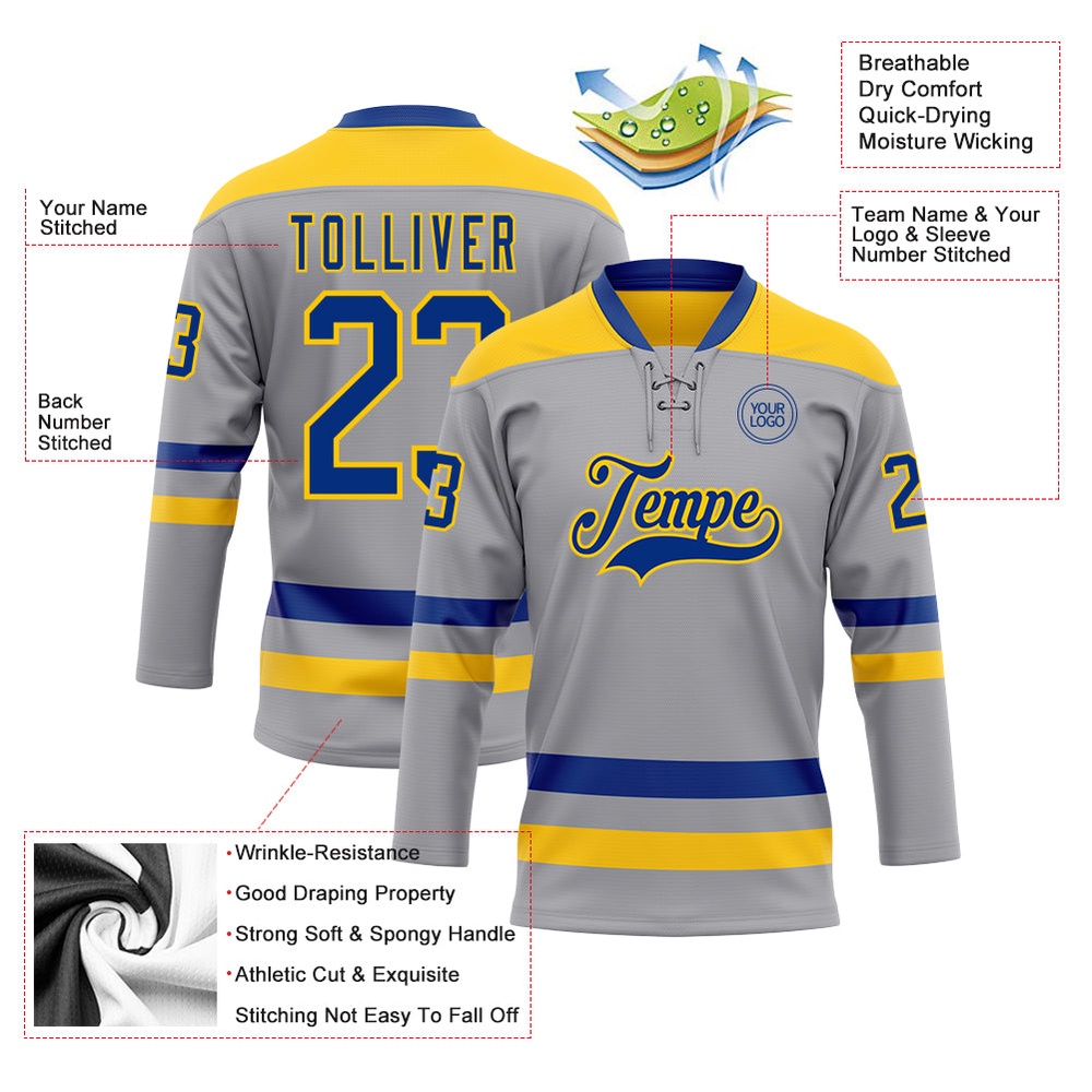 Custom Gray Royal Yellow Hockey Lace Neck Jersey, New Hockey Jersey, Personali Sport Team Jersey Shirt