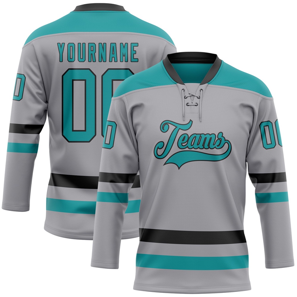 Custom Gray Teal Black Hockey Lace Neck Jersey, New Hockey Jersey, Personali Sport Team Jersey Shirt