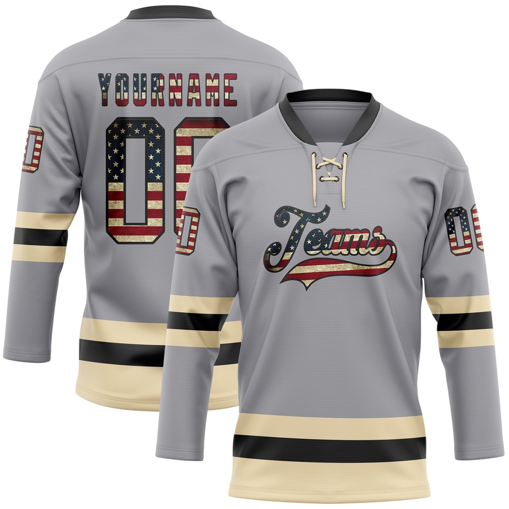 Custom Gray Vintage USA Flag Black Cream Hockey Lace Neck Jersey, New Hockey Jersey, Personali Sport Team Jersey Shirt