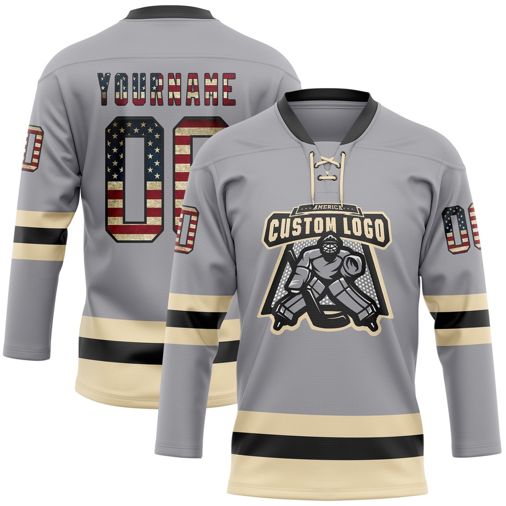 Custom Gray Vintage USA Flag Black Cream Hockey Lace Neck Jersey, New Hockey Jersey, Personali Sport Team Jersey Shirt