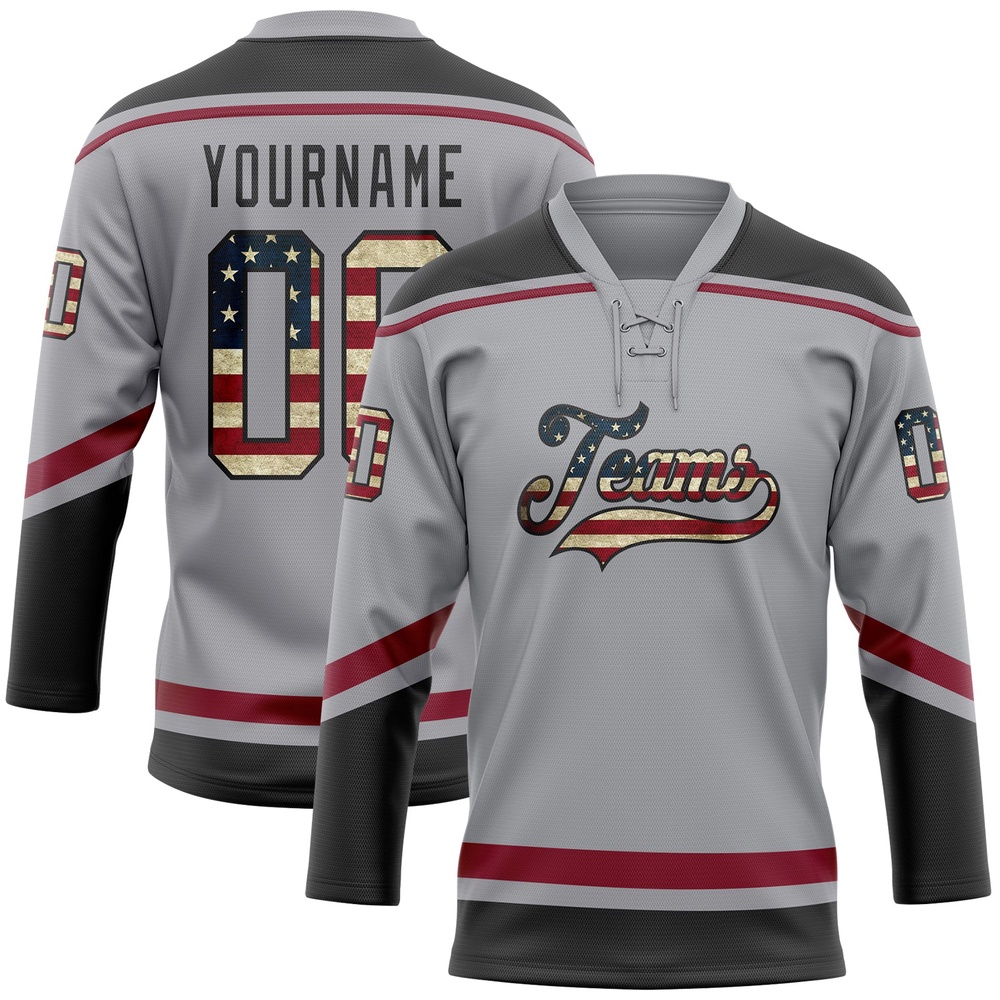 Custom Gray Vintage USA Flag Black Crimson Hockey Lace Neck Jersey, New Hockey Jersey, Personali Sport Team Jersey Shirt