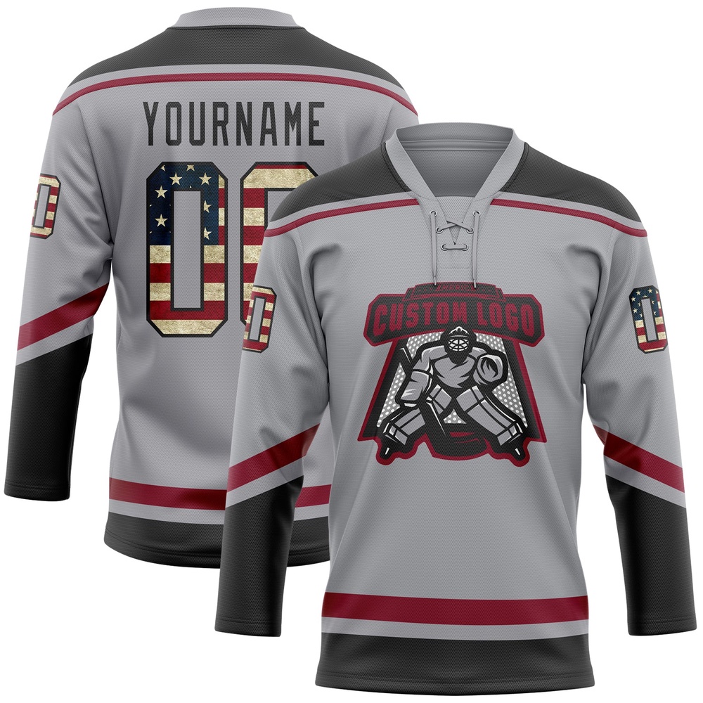 Custom Gray Vintage USA Flag Black Crimson Hockey Lace Neck Jersey, New Hockey Jersey, Personali Sport Team Jersey Shirt